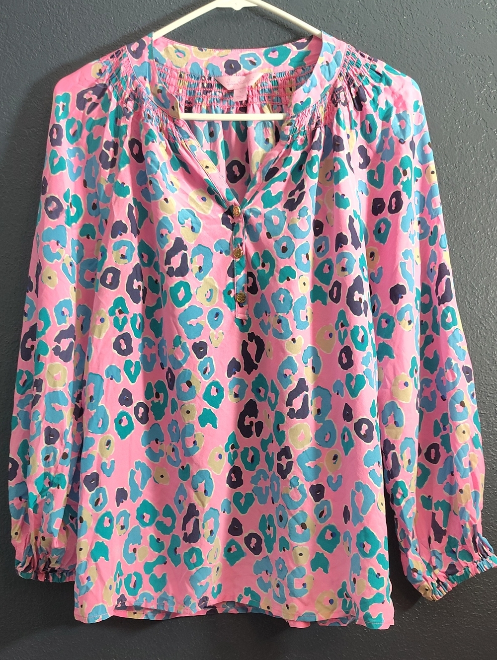 Lilly Pulitzer Silk Elsa Pink Multicolor Animal-Print Peasant Blouse Small